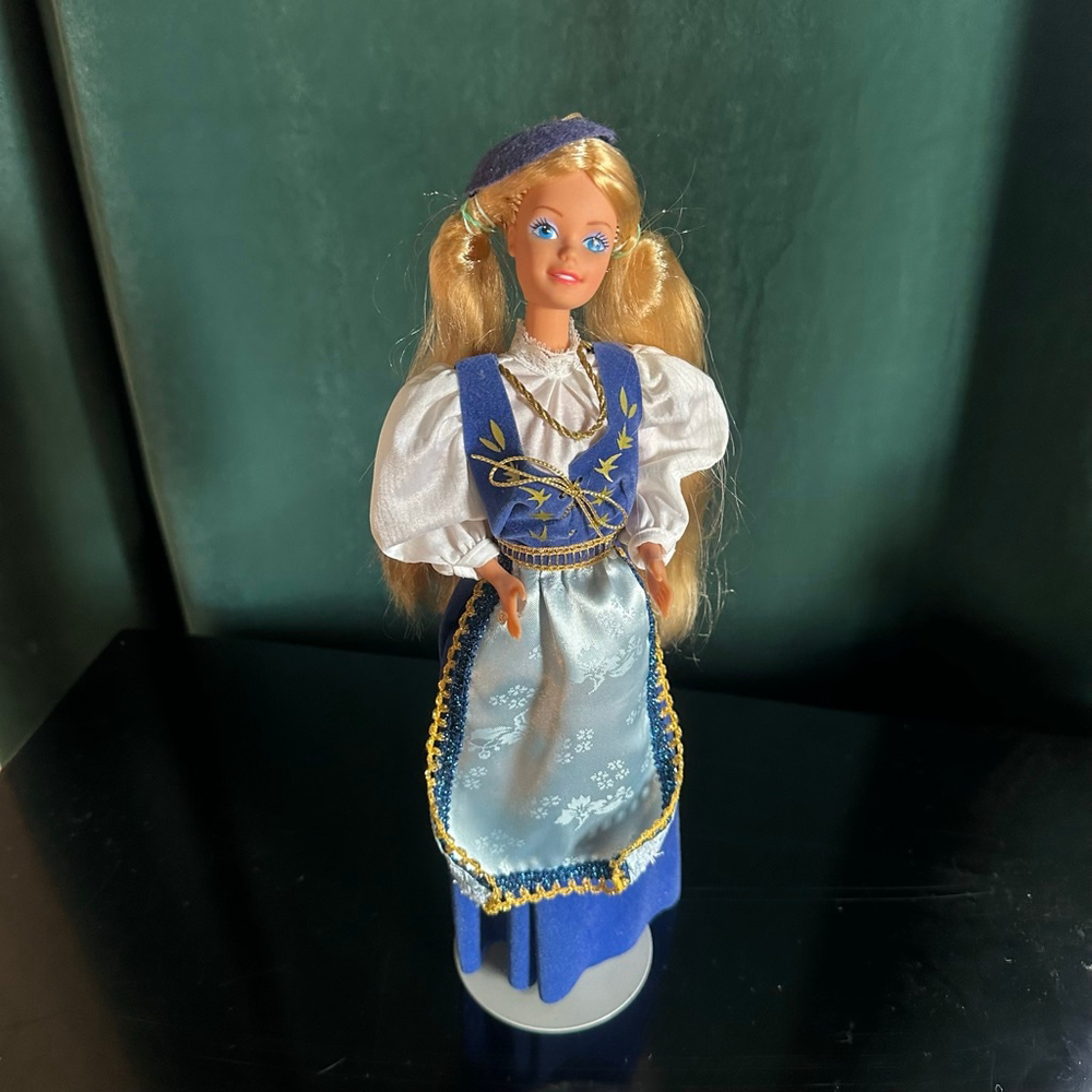 Vintage Barbie Doll in Blue & White Folk Dress | Blonde Hair, European Style Out